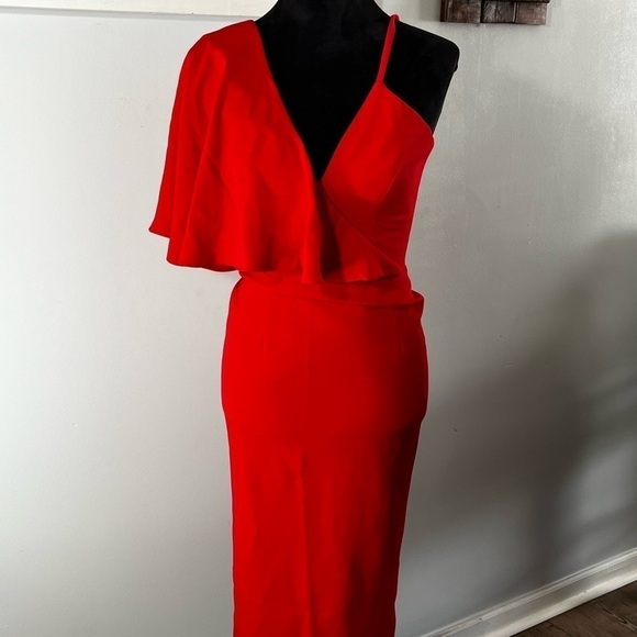 Dress The Population Red Beth Fitted Midi Dress One Shoulder Ruffle Valentines - Picture 2 of 7